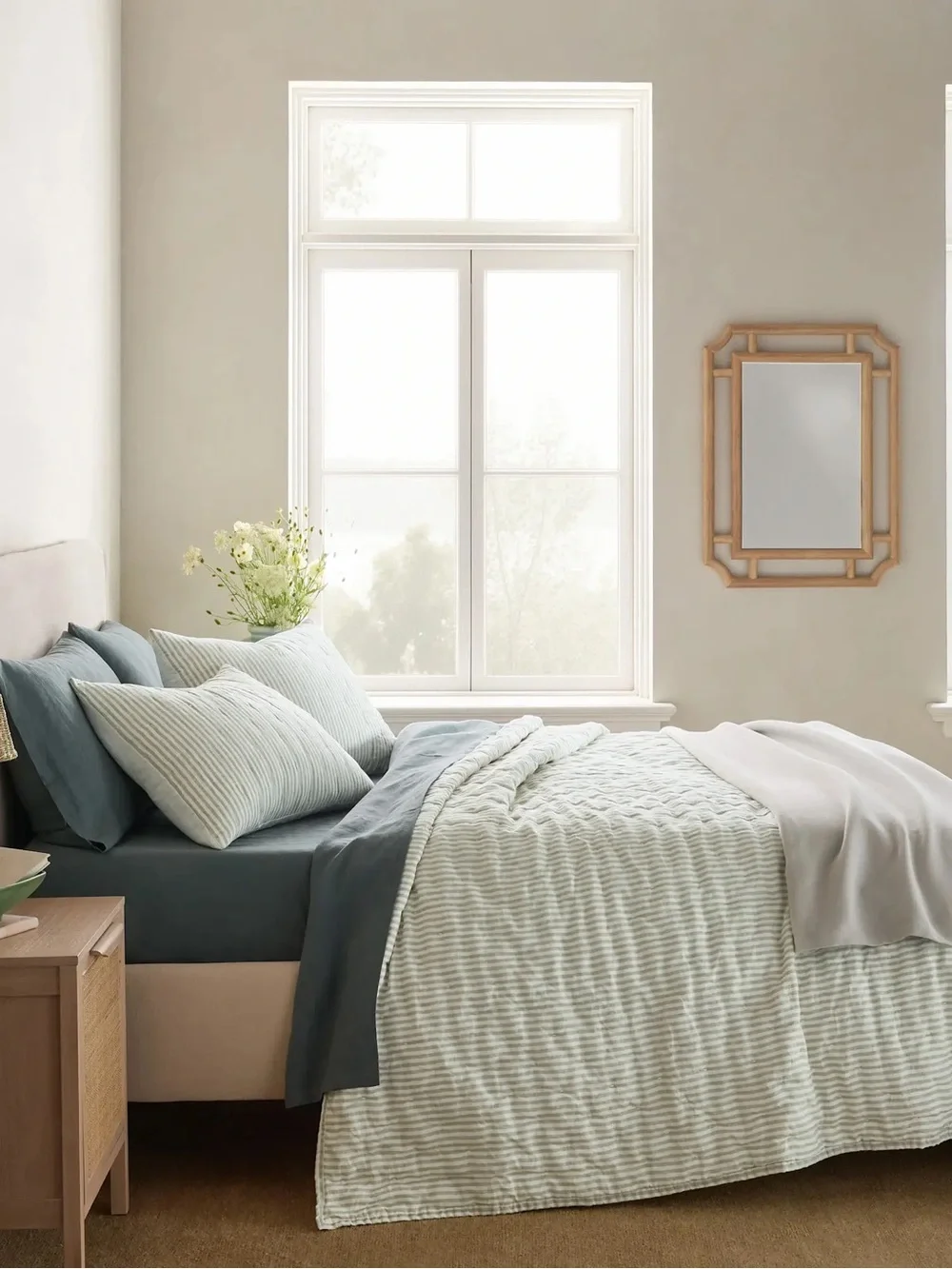 Quince European Linen Patterned Quilt Full/Queen Willowleaf & White Stripe